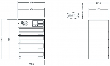 RENZ Briefkastenanlage Aufputz, Verkleidung Basic B, Kastenformat 370x110x270mm, 4-teilig, Vorbereitung Gegensprechanlage